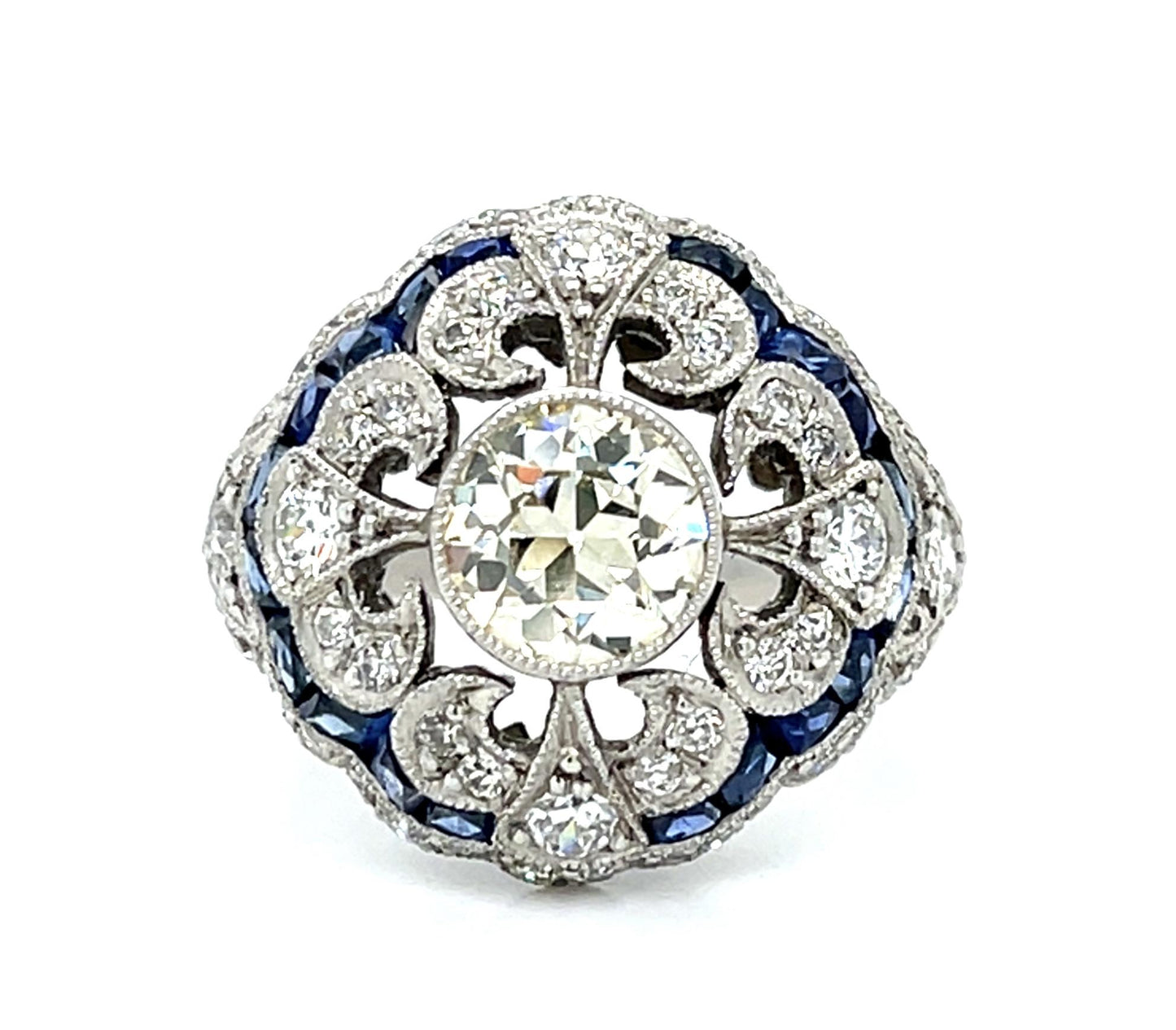 1.11ct Old European Diamond 1.94ct Sapphire PT Handmade Ring