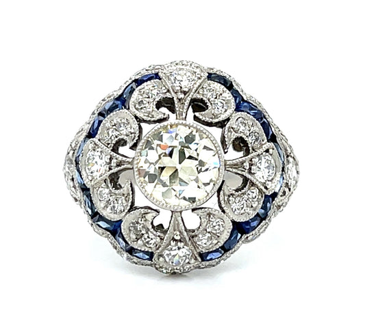 1.11ct Old European Diamond 1.94ct Sapphire PT Handmade Ring