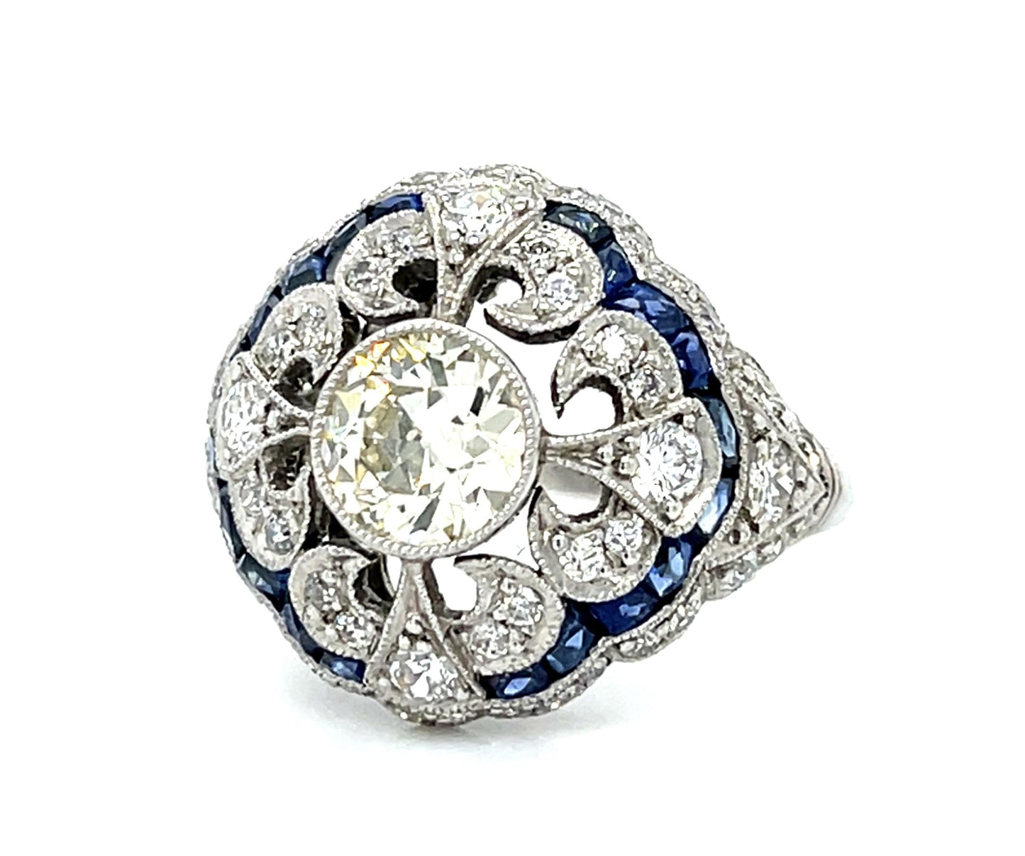 1.11ct Old European Diamond 1.94ct Sapphire PT Handmade Ring