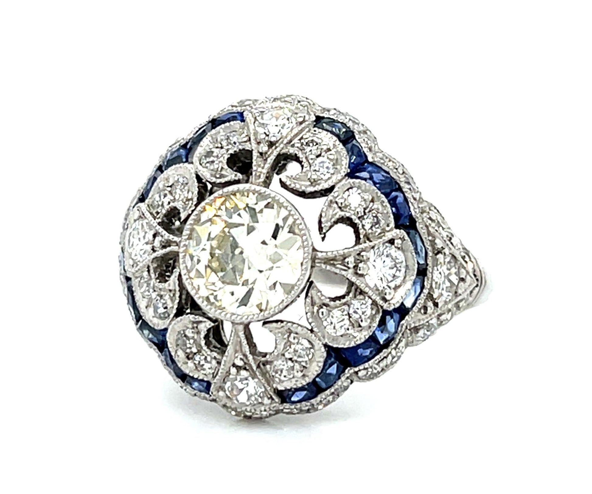 1.11ct Old European Diamond 1.94ct Sapphire PT Handmade Ring