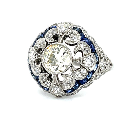 1.11ct Old European Diamond 1.94ct Sapphire PT Handmade Ring