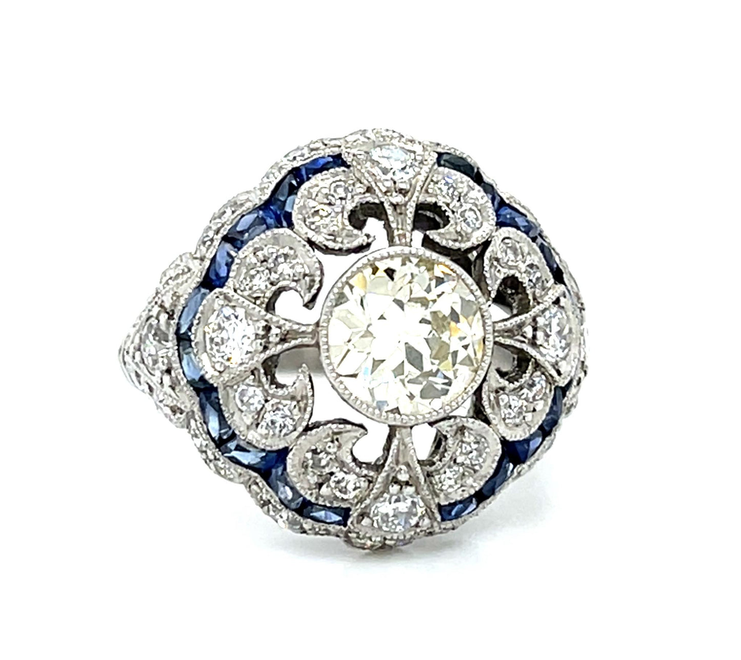 1.11ct Old European Diamond 1.94ct Sapphire PT Handmade Ring