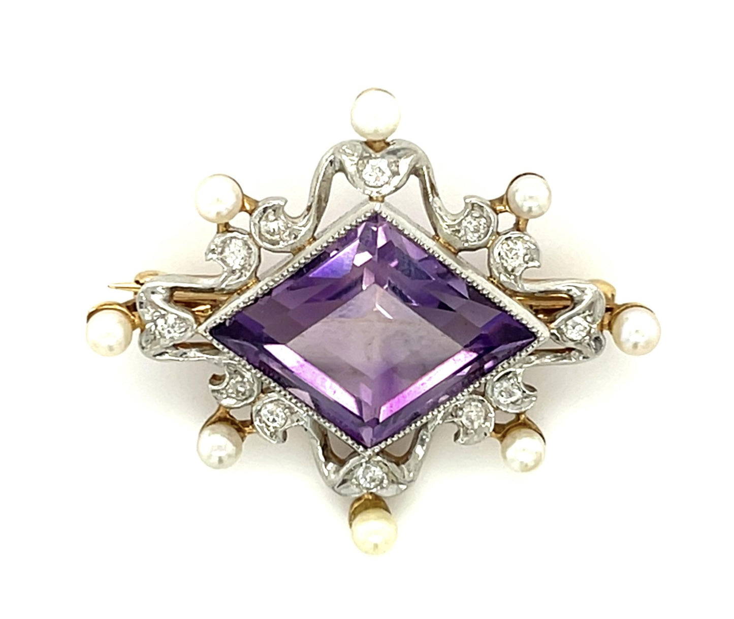 Original Edwardian 8.50ct Amethyst + Natural Pearl Brooch (Antique 1900s)