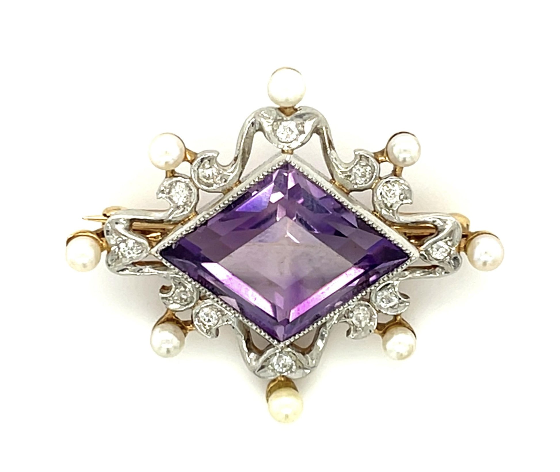 Original Edwardian 8.50ct Amethyst + Natural Pearl Brooch (Antique 1900s)