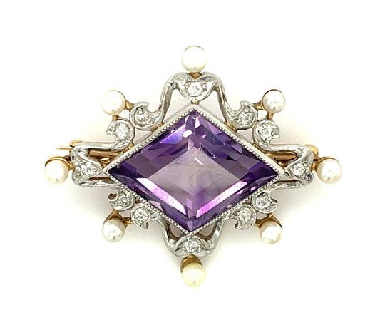 Original Edwardian 8.50ct Amethyst + Natural Pearl Brooch (Antique 1900s)