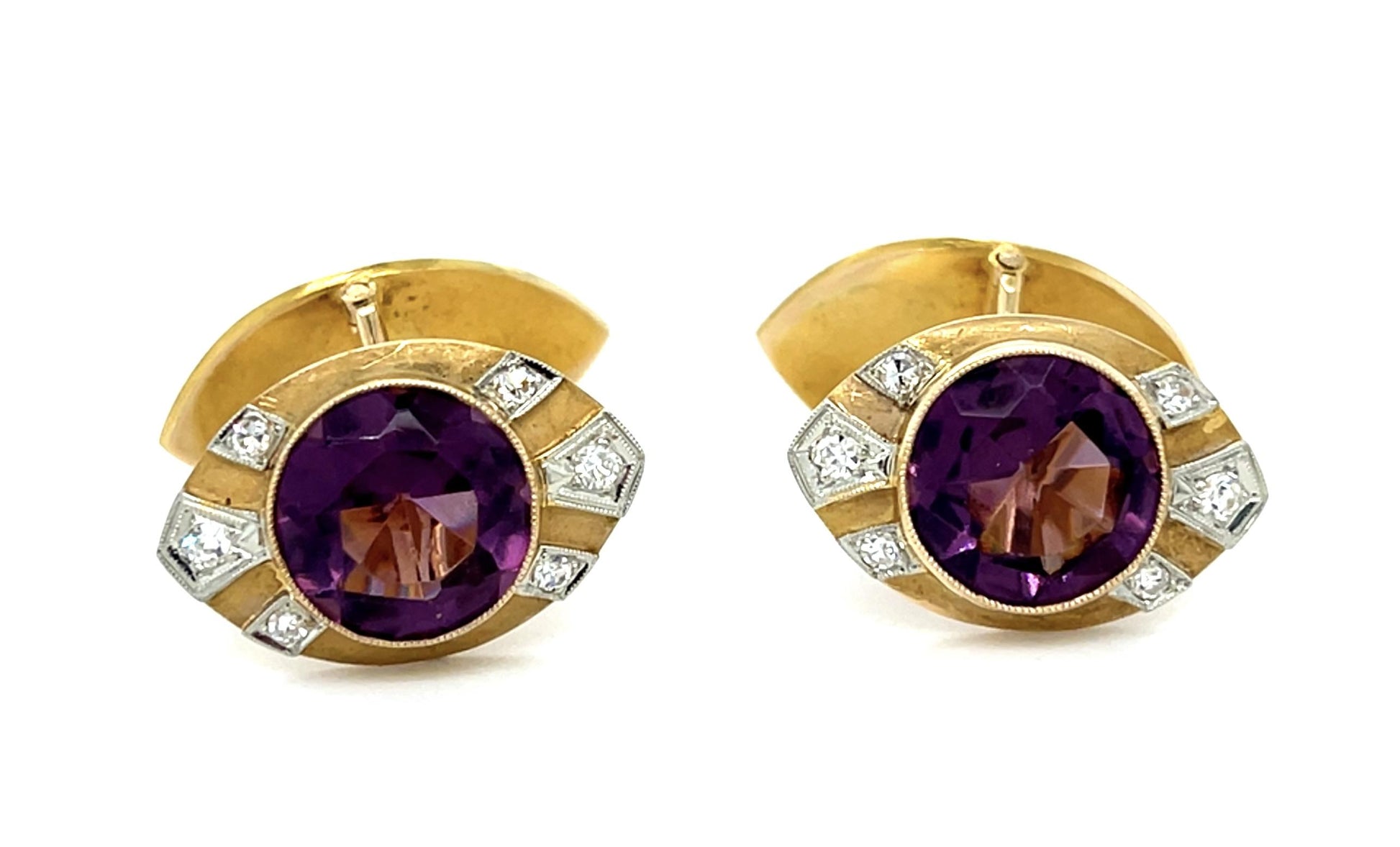 Original 9ct  Amethyst 14KY Cufflinks .48ct Single Cut Diamond 14KY+PT Cufflinks