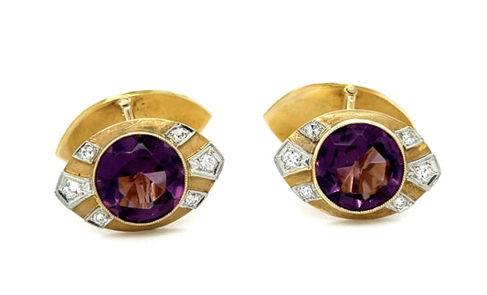 Original 9ct  Amethyst 14KY Cufflinks .48ct Single Cut Diamond 14KY+PT Cufflinks