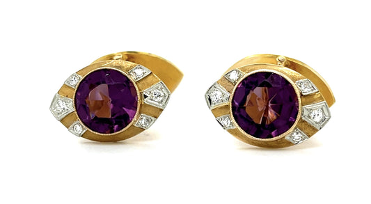 Original 9ct  Amethyst 14KY Cufflinks .48ct Single Cut Diamond 14KY+PT Cufflinks