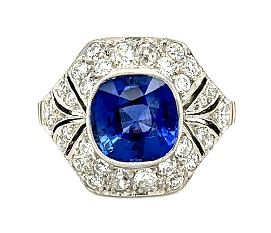2.50ct Cushion Sapphire .77ct Diamond Platinum Handmade Ring 7.25 Size