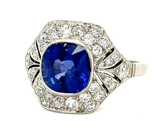 2.50ct Cushion Sapphire .77ct Diamond Platinum Handmade Ring 7.25 Size