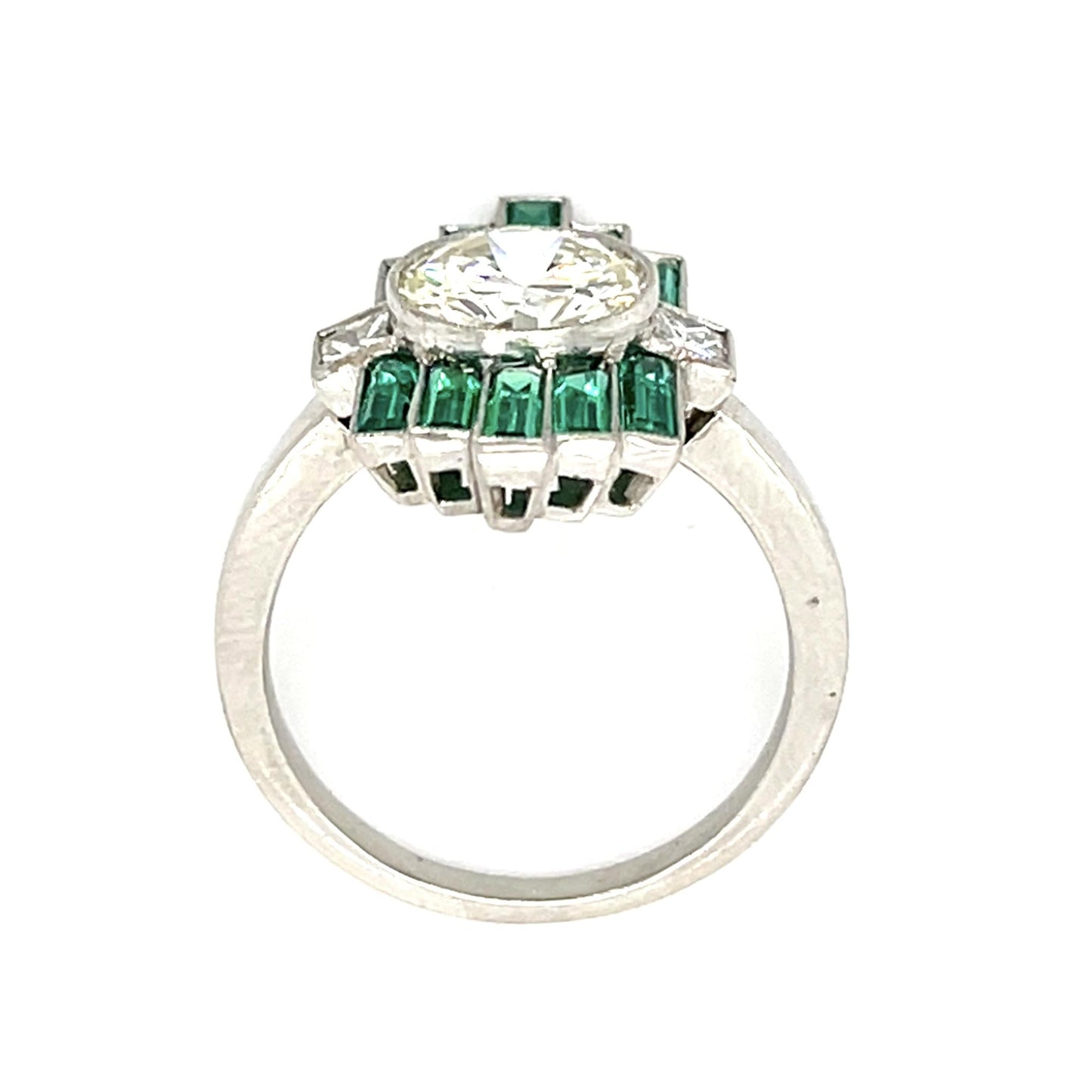1.76ct Round Diamond 1.12ct Emerald Platinum Handmade Ring