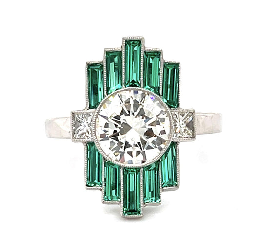1.76ct Round Diamond 1.12ct Emerald Platinum Handmade Ring