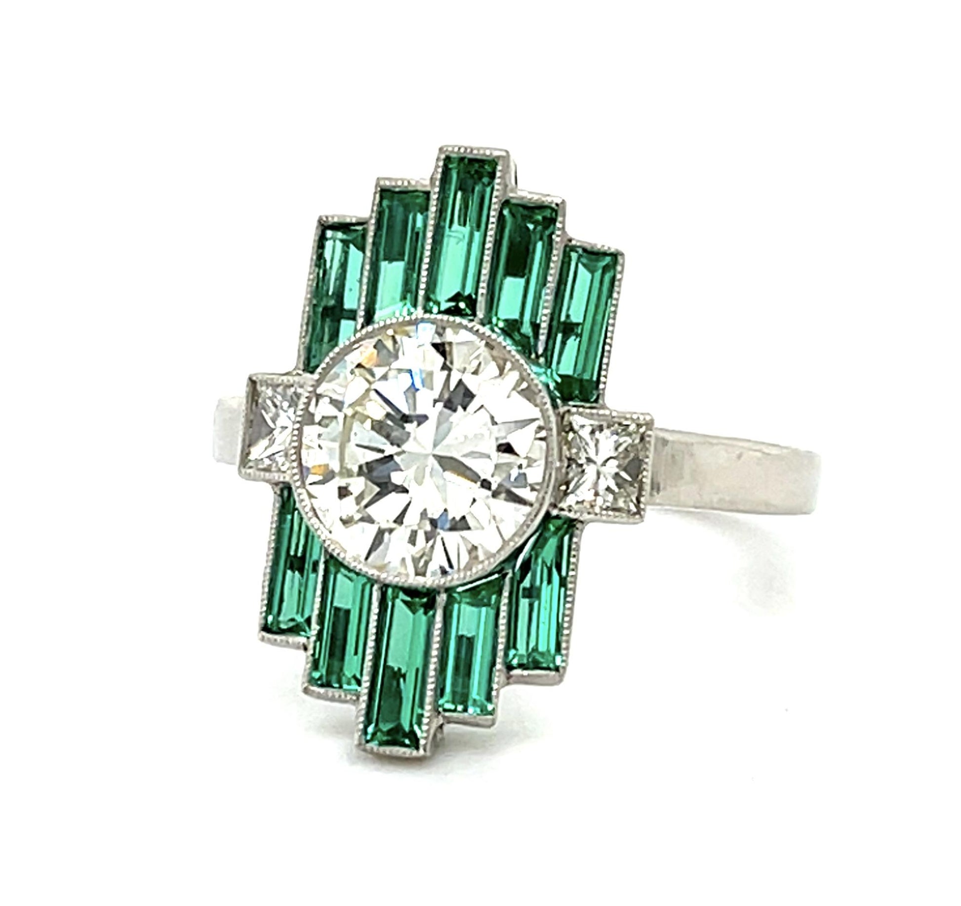 1.76ct Round Diamond 1.12ct Emerald Platinum Handmade Ring