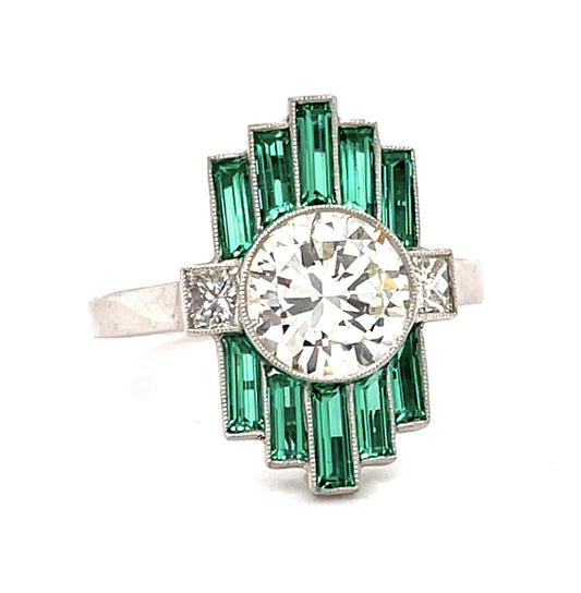 1.76ct Round Diamond 1.12ct Emerald Platinum Handmade Ring