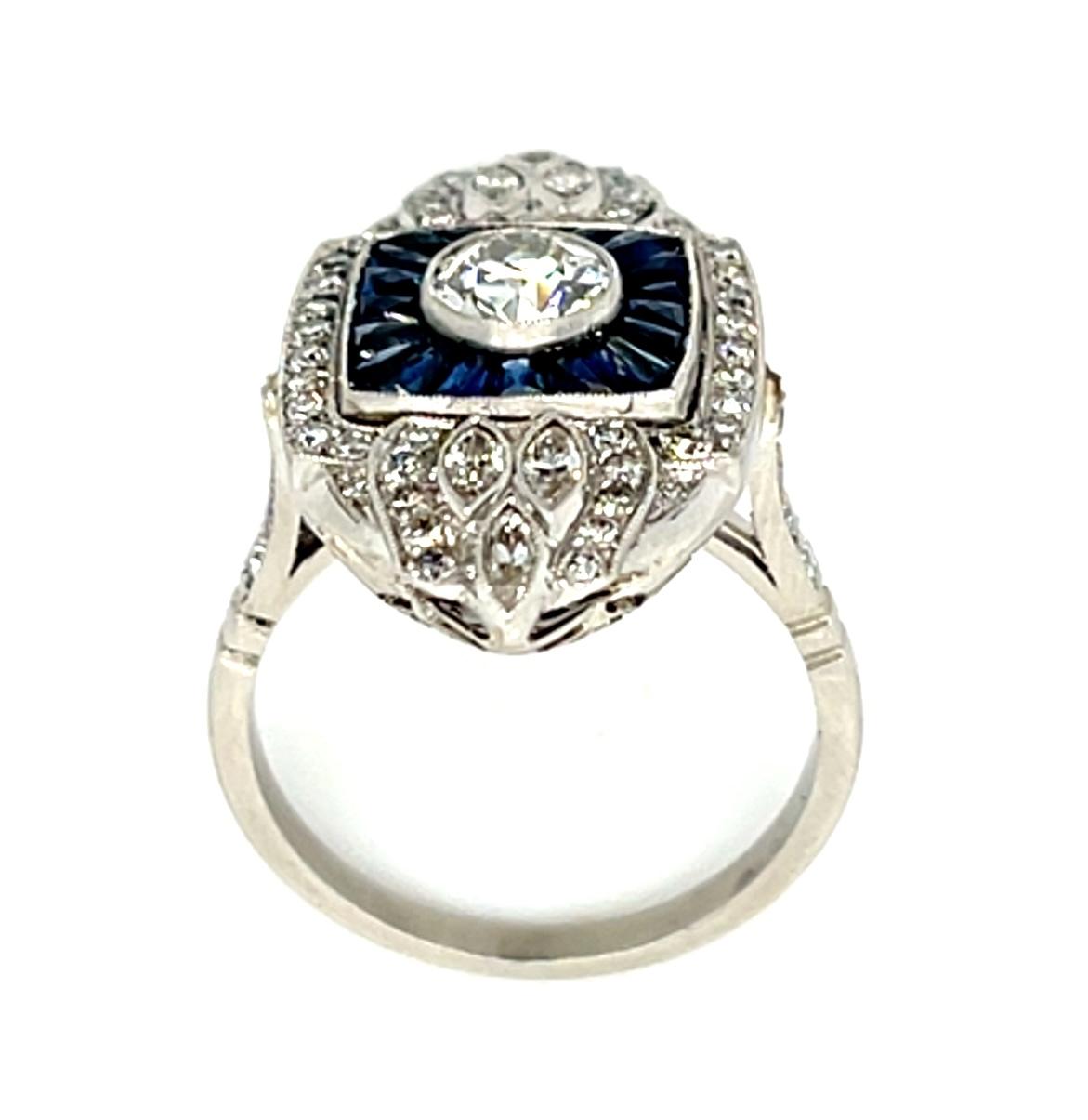.68ct (H-I VS) Old European Diamond 2.12ct French-cut Sapphire PT Handmade Ring