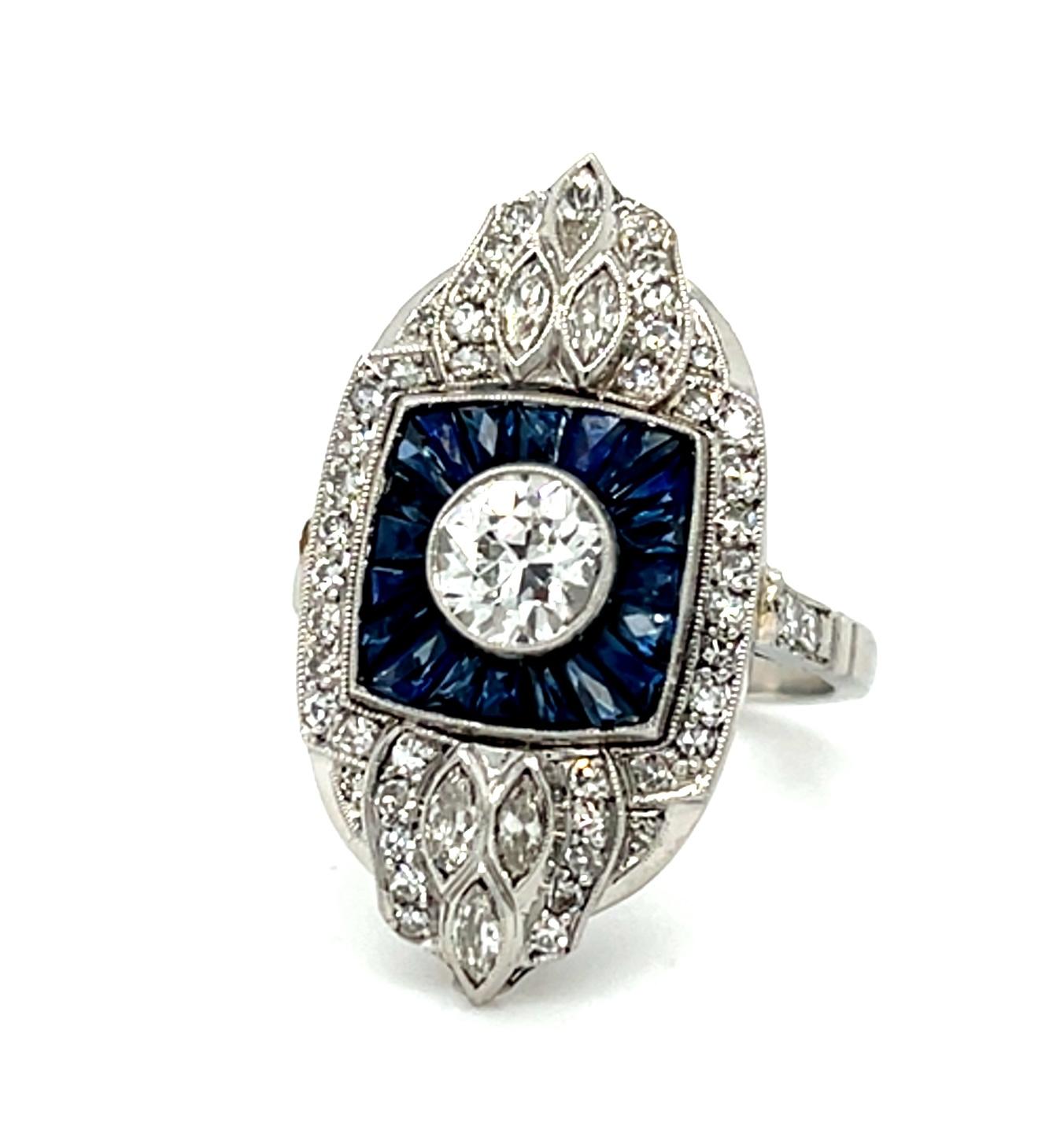 .68ct (H-I VS) Old European Diamond 2.12ct French-cut Sapphire PT Handmade Ring