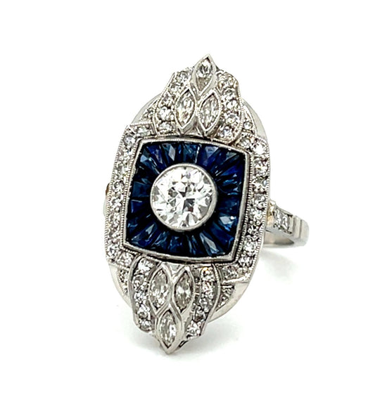 .68ct (H-I VS) Old European Diamond 2.12ct French-cut Sapphire PT Handmade Ring