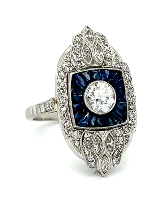 .68ct (H-I VS) Old European Diamond 2.12ct French-cut Sapphire PT Handmade Ring