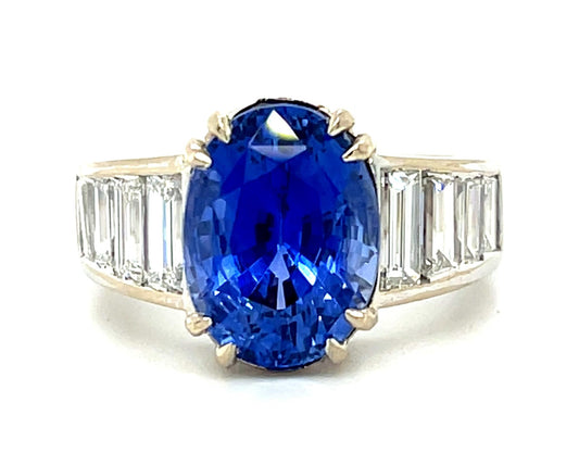 6.30ct Heated Sri Lanka/Ceylon Oval Sapphire 18KW Ring 2.50ct Baguette Diamond