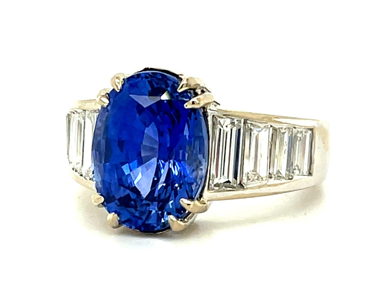 6.30ct Heated Sri Lanka/Ceylon Oval Sapphire 18KW Ring 2.50ct Baguette Diamond