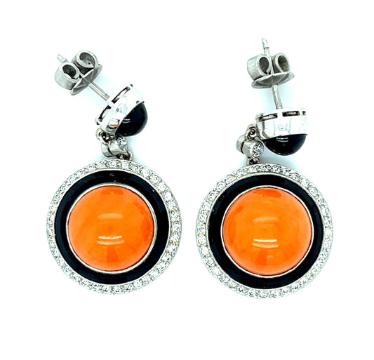 Coral + .70ct Diamond + Onyx Platinum Earrings