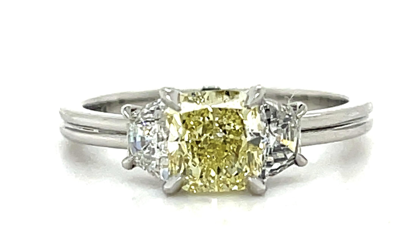 1.09ct (SI1 Fancy Yellow) Cushion Diamond Platinum Ring .44ct Trapezoid Diamond