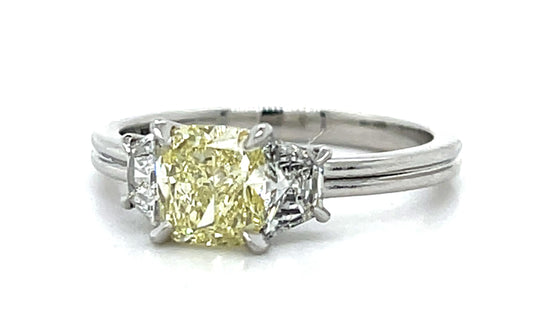 1.09ct (SI1 Fancy Yellow) Cushion Diamond Platinum Ring .44ct Trapezoid Diamond