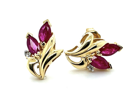 1ct Ruby .04ct Diamond 14KY Stud Earrings