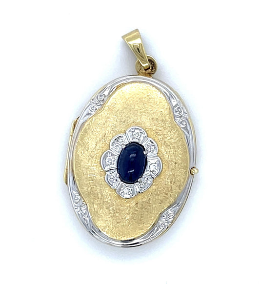 .60ct Cabochon Sapphire .04ct Diamond 14KY Gold Locket Pendant