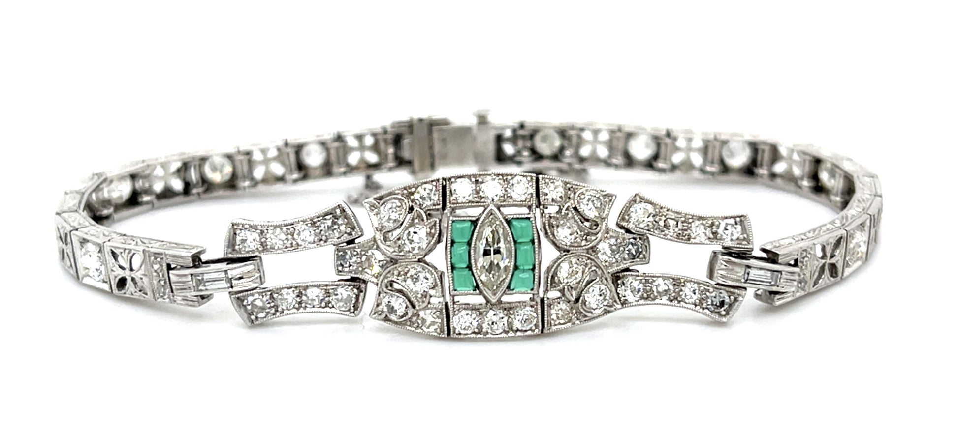 Original Art Deco 3.50ct Diamond + Green Stones Platinum Bracelet (Antique 1920s