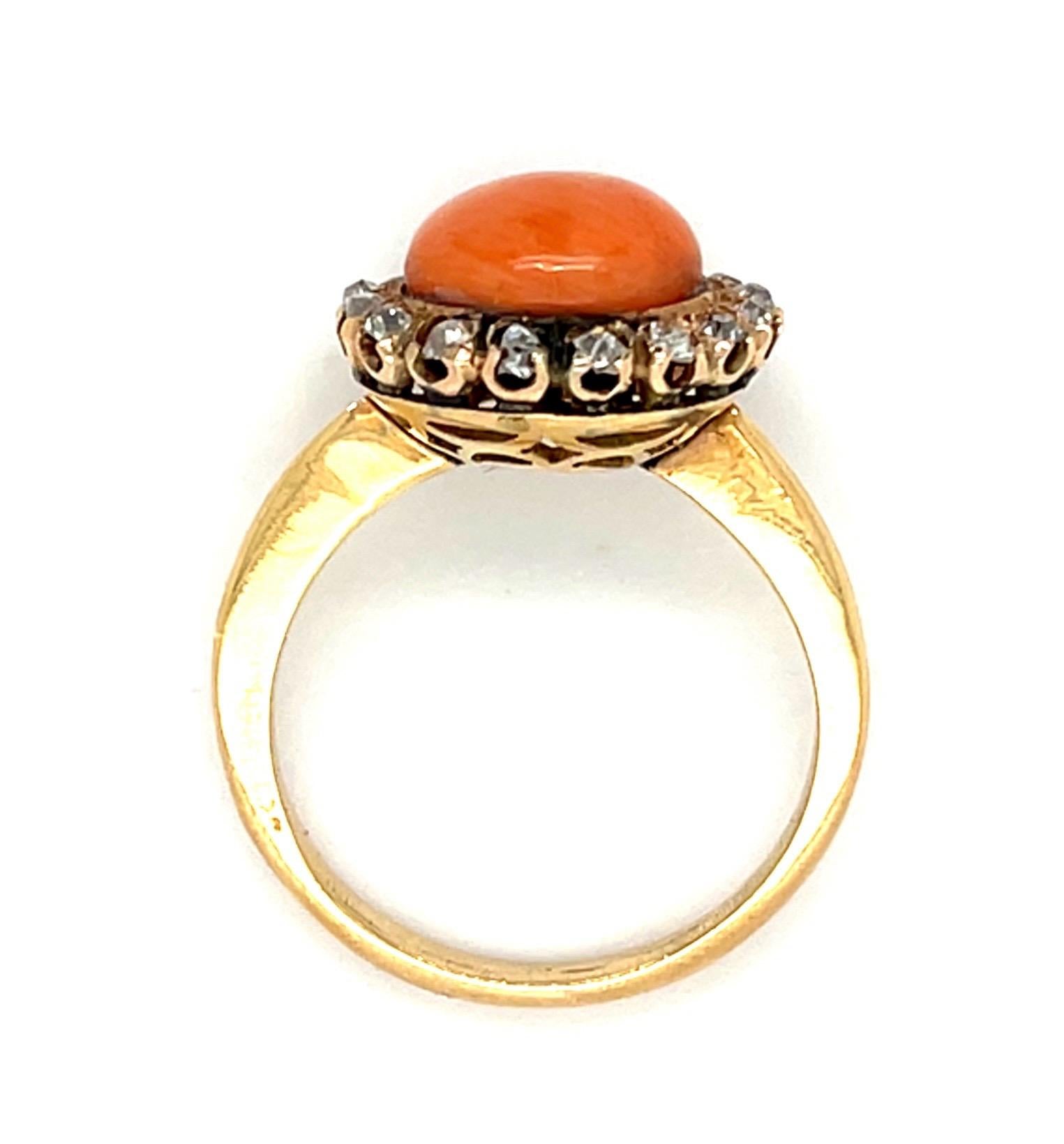 Original Victorian Salmon Cab Coral + 1ct Diamond 18KY Ring (Antique 1890s)