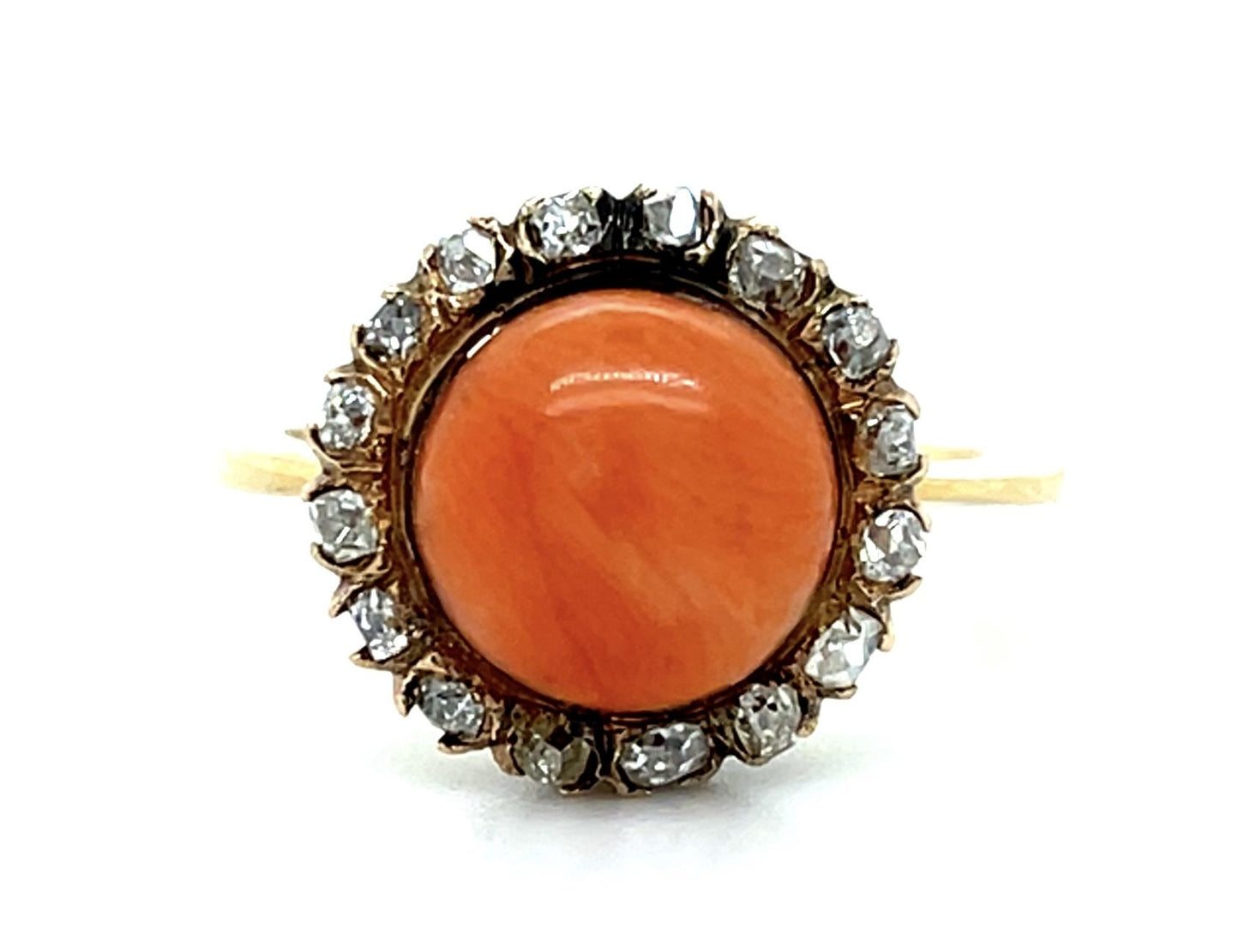 Original Victorian Salmon Cab Coral + 1ct Diamond 18KY Ring (Antique 1890s)
