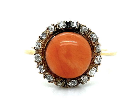 Original Victorian Salmon Cab Coral + 1ct Diamond 18KY Ring (Antique 1890s)