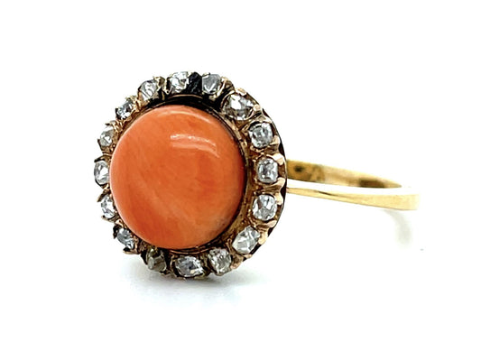 Original Victorian Salmon Cab Coral + 1ct Diamond 18KY Ring (Antique 1890s)