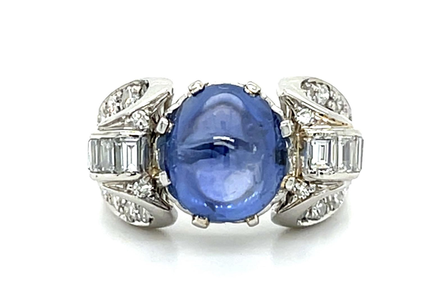 4.76ct Cabochon Sapphire PT Ring (Vintage 1950s) 1.10ct Diamond