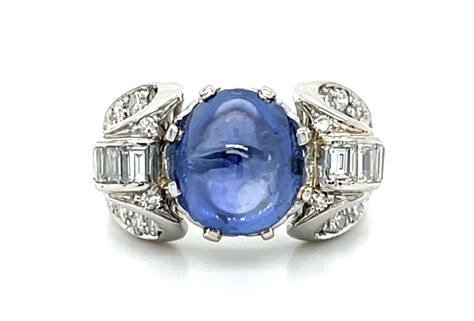 4.76ct Cabochon Sapphire PT Ring (Vintage 1950s) 1.10ct Diamond