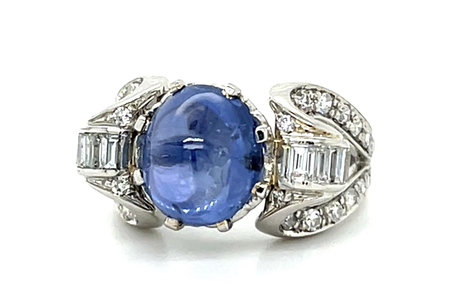 4.76ct Cabochon Sapphire PT Ring (Vintage 1950s) 1.10ct Diamond