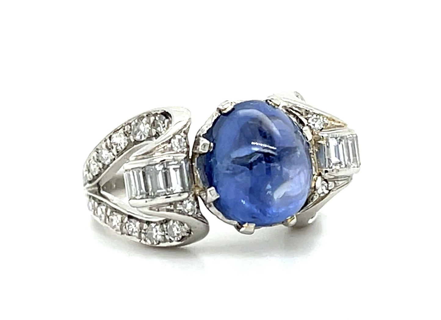 4.76ct Cabochon Sapphire PT Ring (Vintage 1950s) 1.10ct Diamond