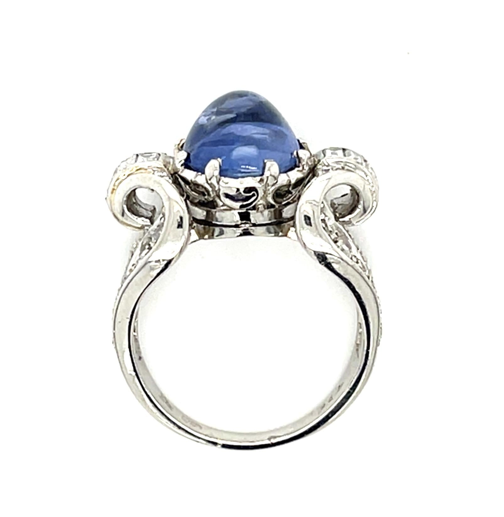 4.76ct Cabochon Sapphire PT Ring (Vintage 1950s) 1.10ct Diamond