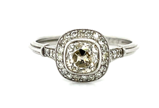 .87ct Old Mine Cushion Fancy Yellow Diamond Platinum Handmade Ring