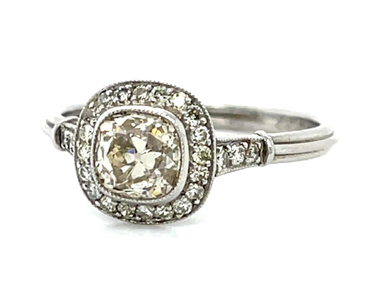 .87ct Old Mine Cushion Fancy Yellow Diamond Platinum Handmade Ring