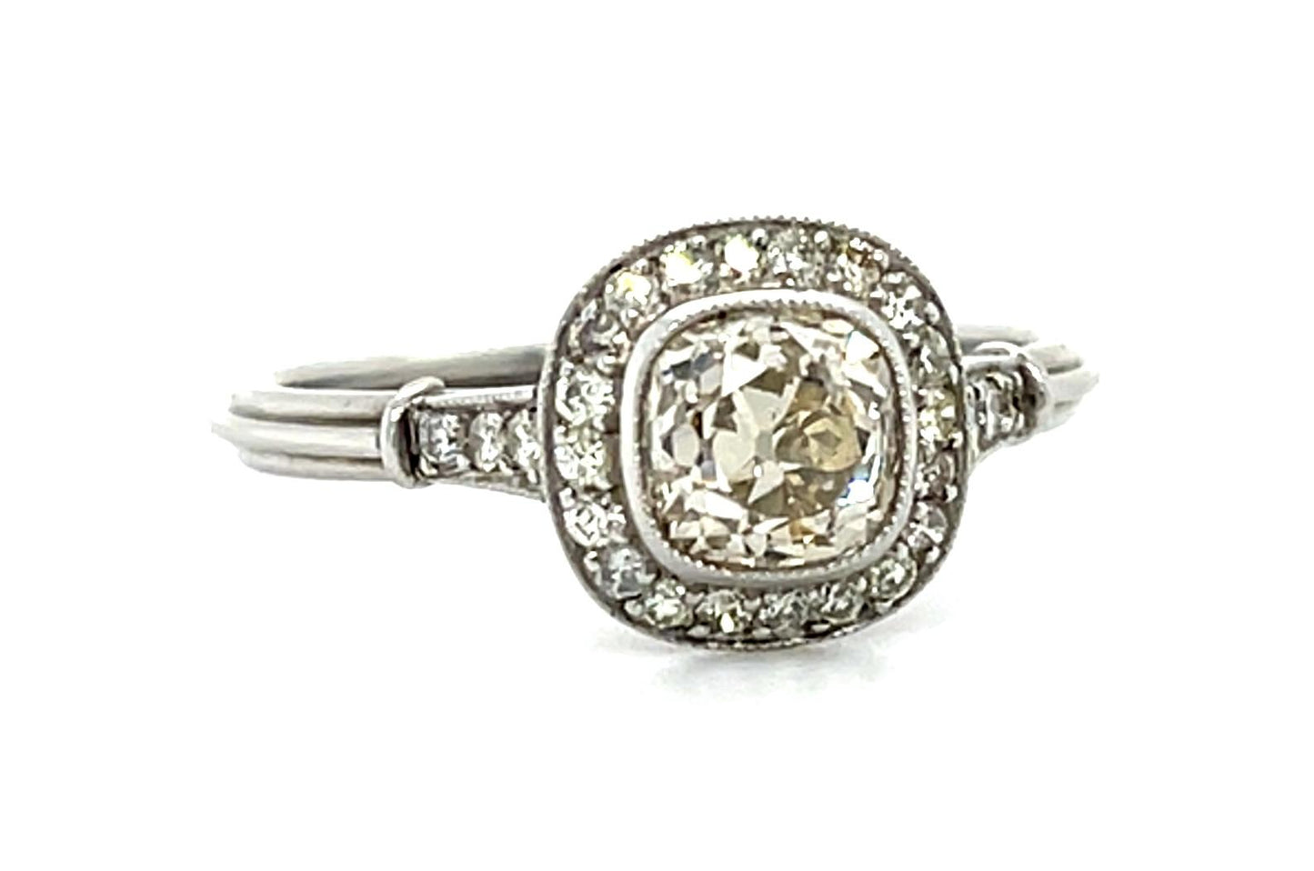 .87ct Old Mine Cushion Fancy Yellow Diamond Platinum Handmade Ring