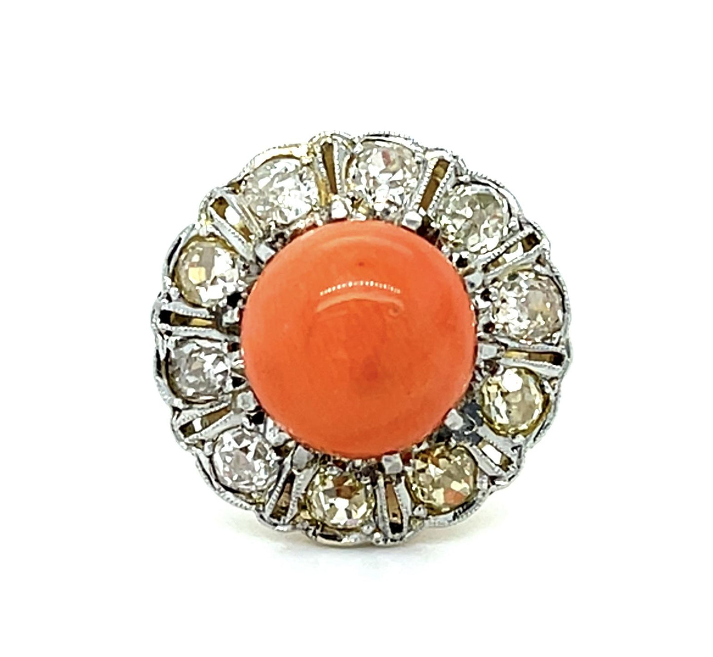 Original Edwardian 2.75ct Cab Coral 1.10ct Old Mine Diamond Platinum+ 18KY Ring