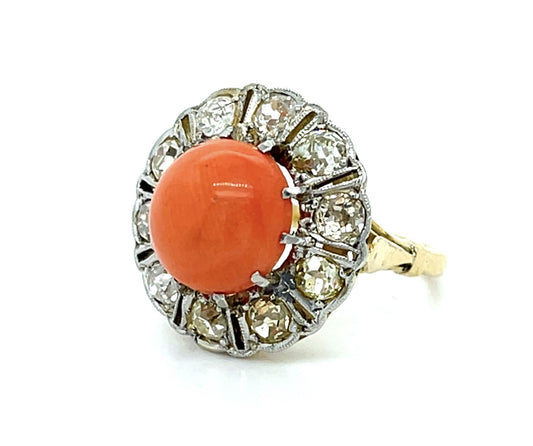 Original Edwardian 2.75ct Cab Coral 1.10ct Old Mine Diamond Platinum+ 18KY Ring