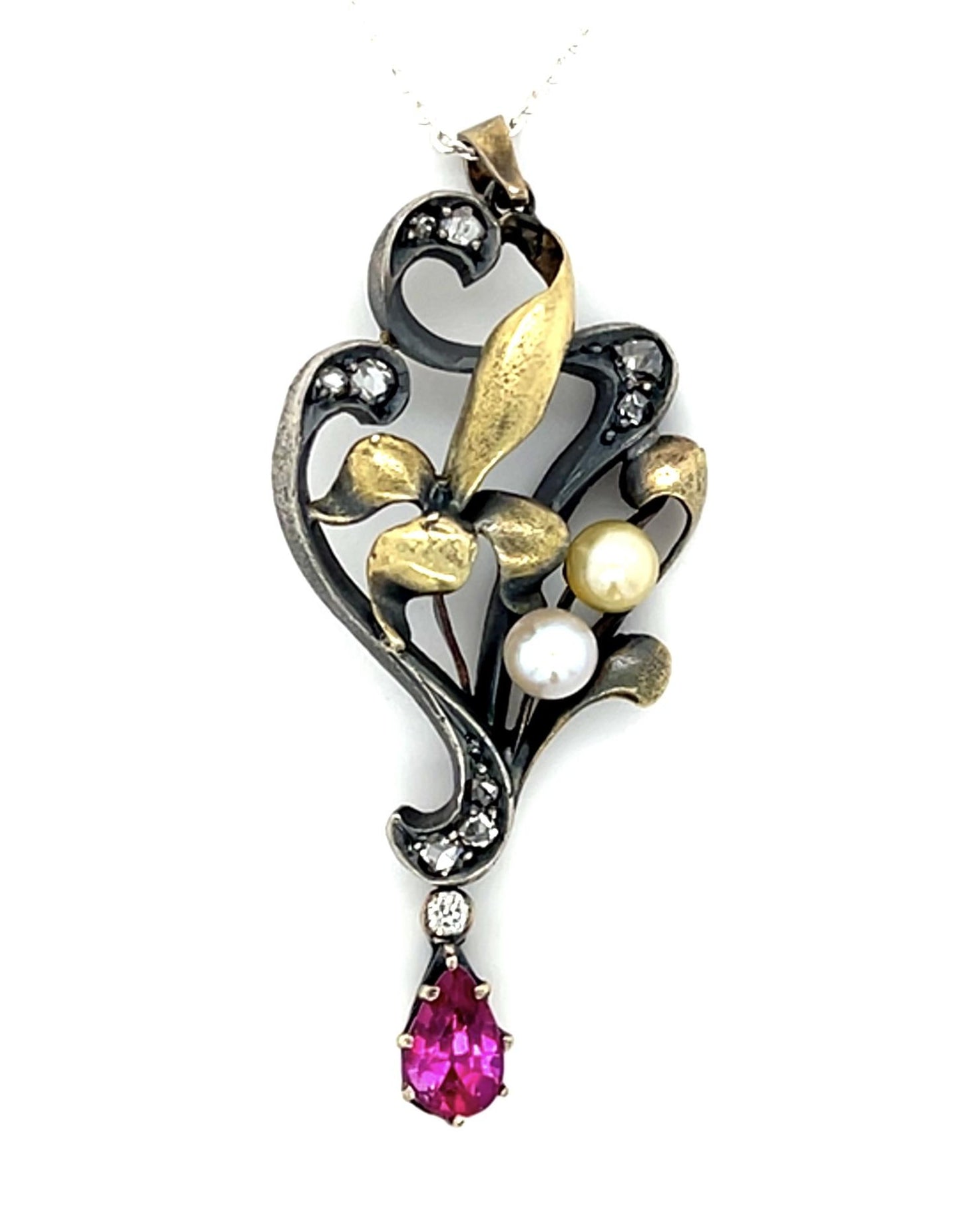 Original Victorian .68ct Burma Ruby (No Cert) .30ct Dia+ Pearl 14KY Pendant