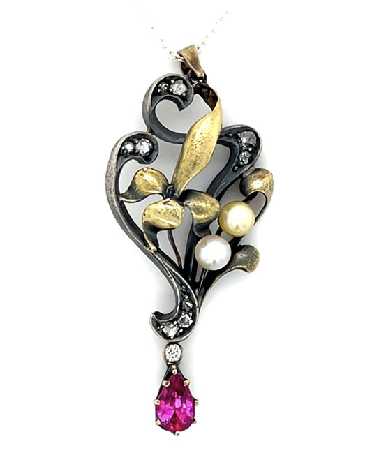 Original Victorian .68ct Burma Ruby (No Cert) .30ct Dia+ Pearl 14KY Pendant