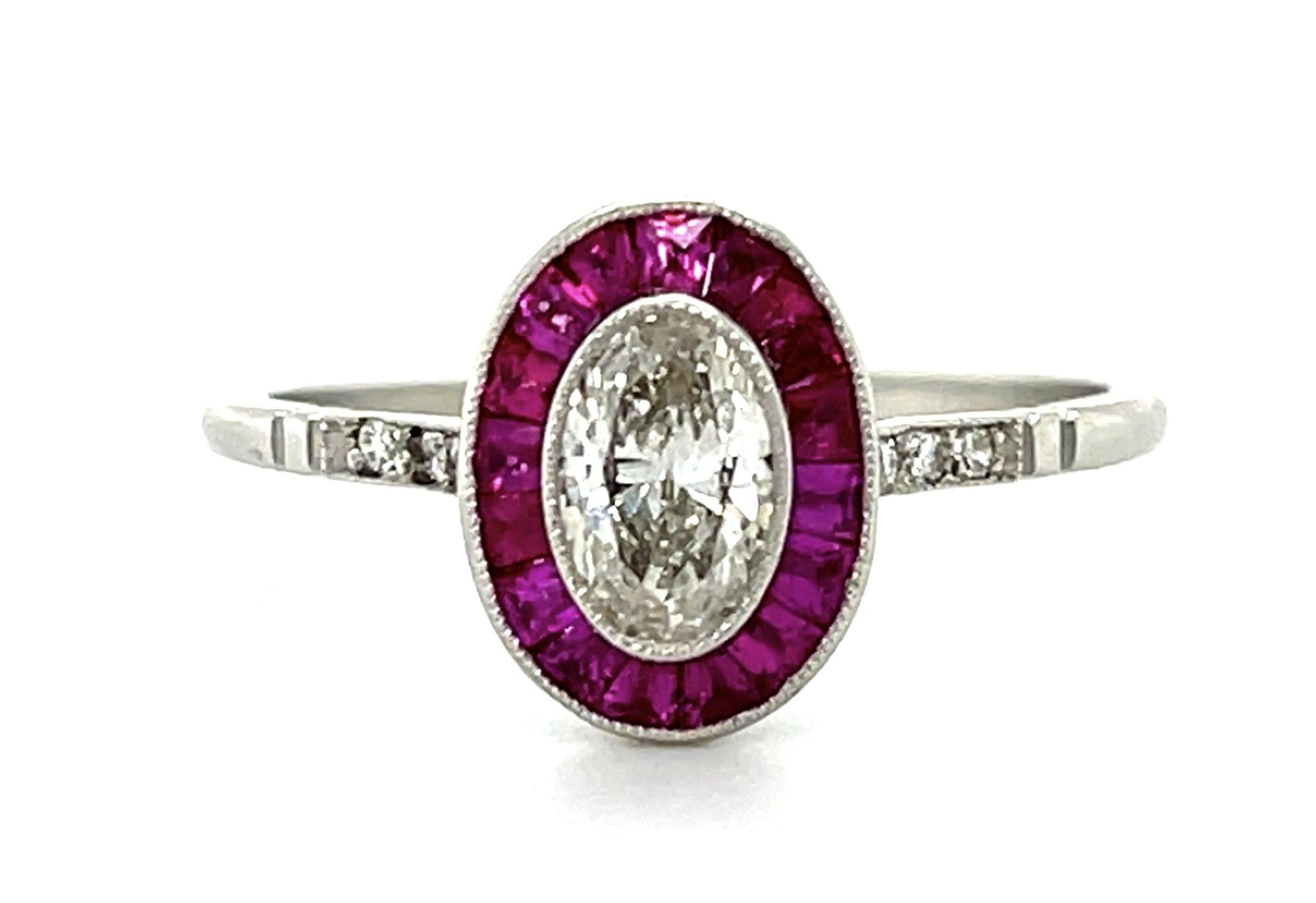 .39ct Oval Diamond .42ct French-cut Ruby Platinum Handmade Ring 2.30g