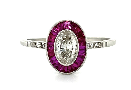 .39ct Oval Diamond .42ct French-cut Ruby Platinum Handmade Ring 2.30g