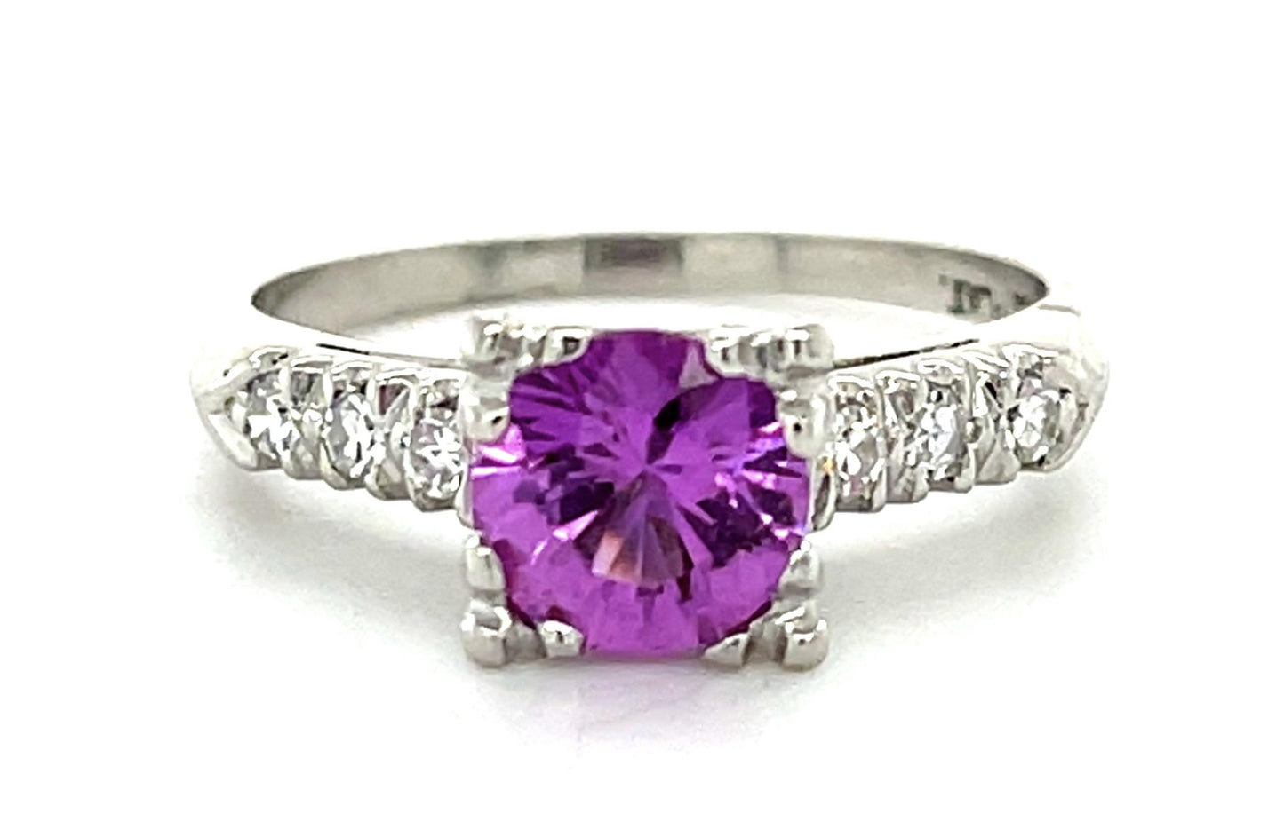 1.17ct Pink Sapphire Platinum Ring (Vintage 1950s) .16ct Diamond