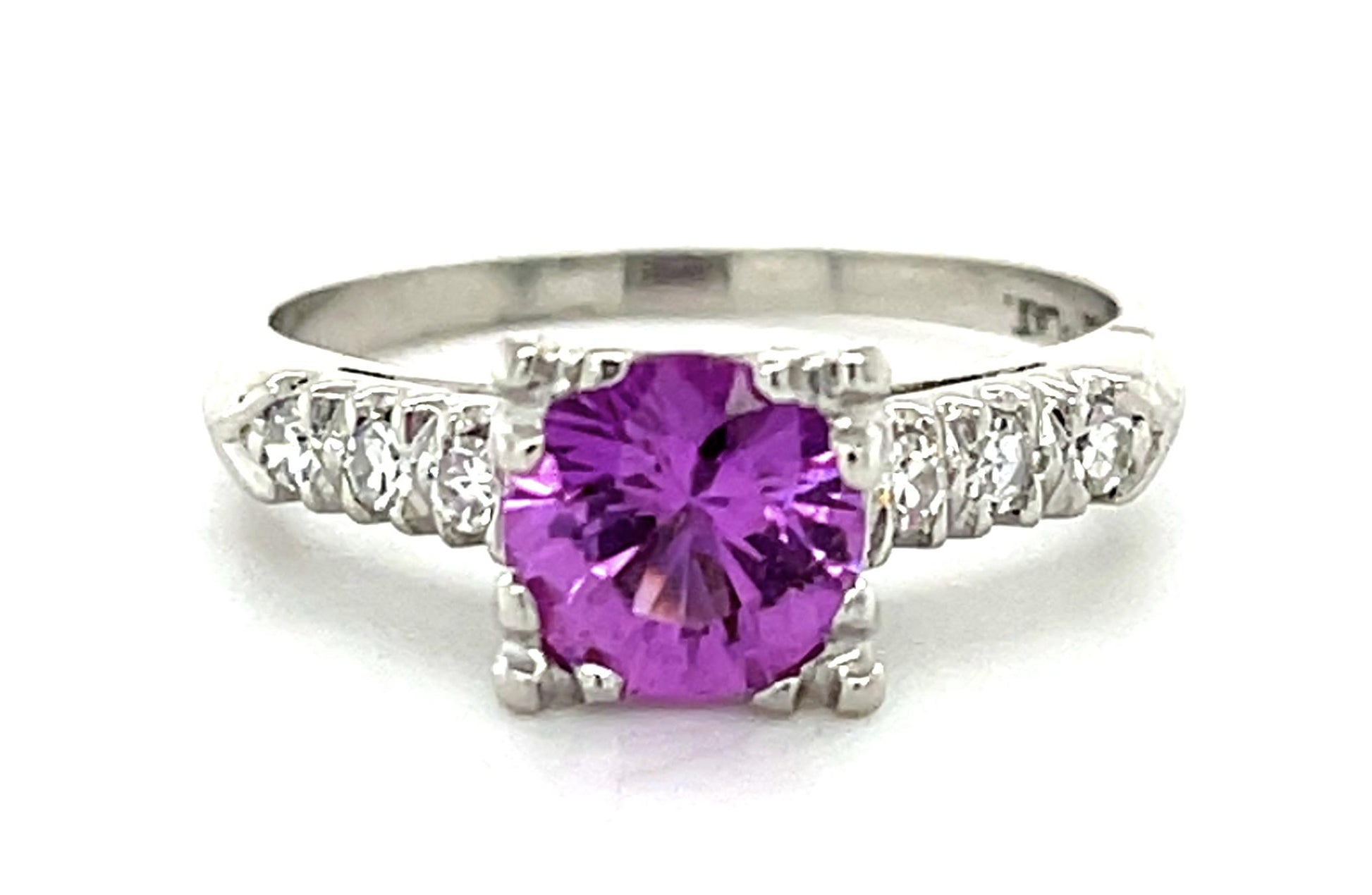 1.17ct Pink Sapphire Platinum Ring (Vintage 1950s) .16ct Diamond